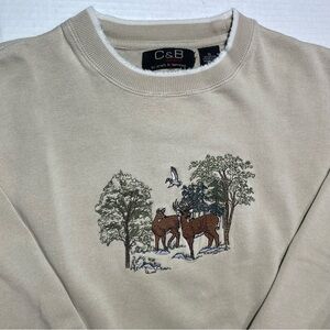 Croft & Barrow Beige Crewneck Sweater with Nature Deer Design - Flaw